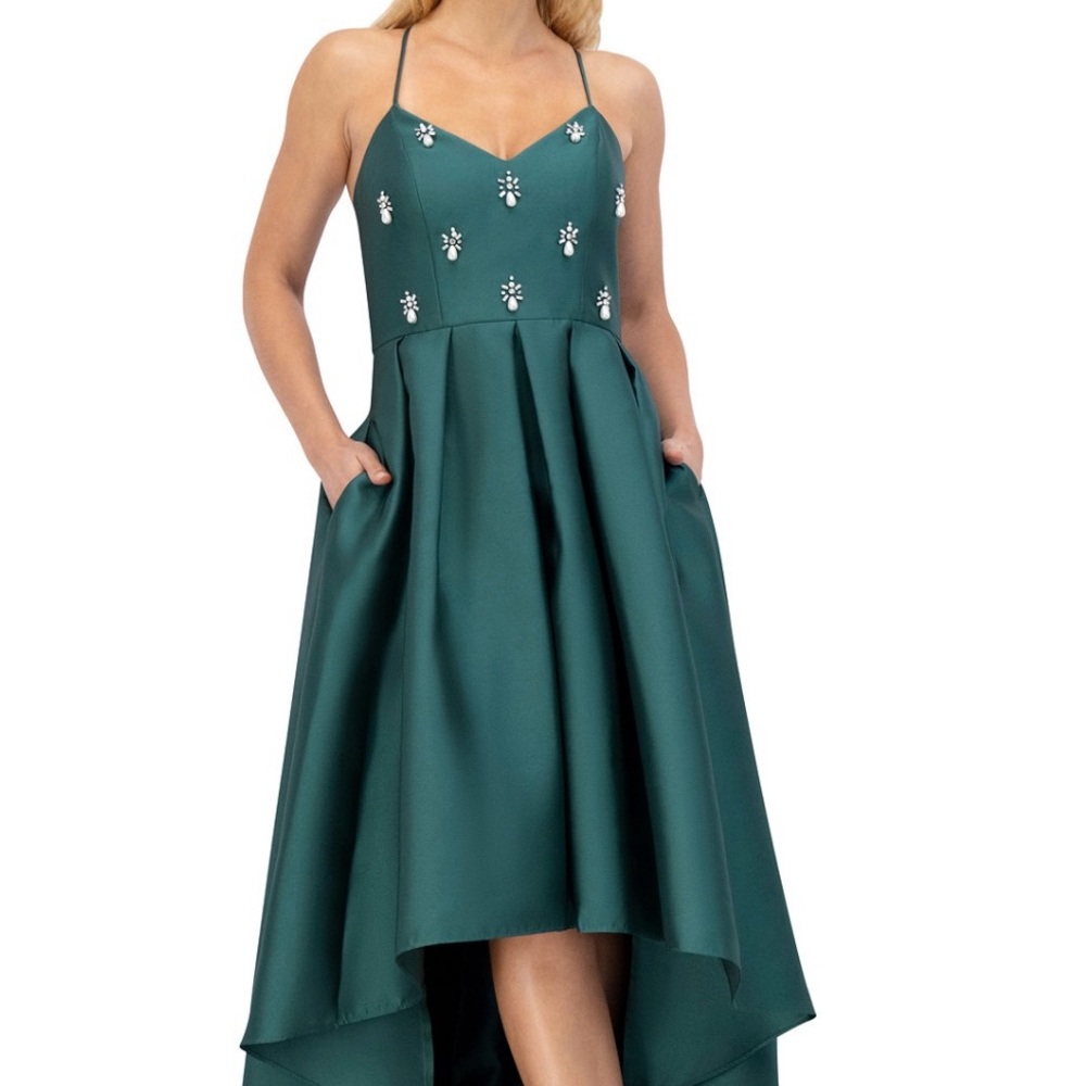 Eliza Women’s Beaded Bodice Pleated High Low Gown, Emerald, Size 12